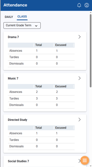 Class Attendance screen