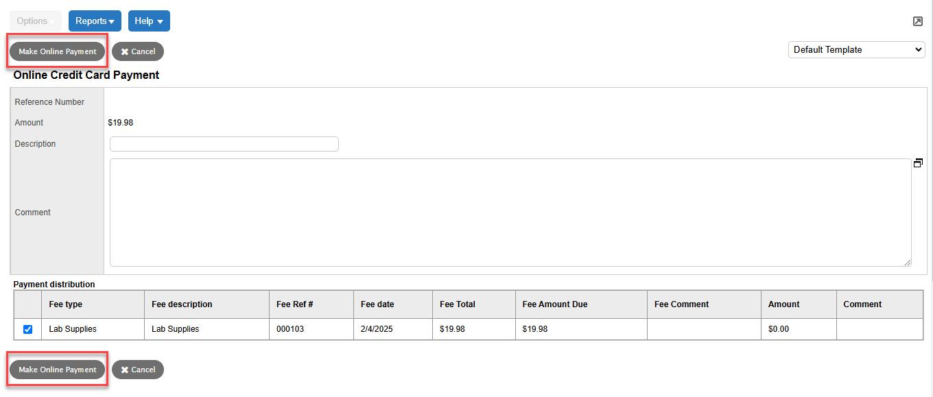 Make Online Credit Card Payment page with Make Online Payment buttons highlighted